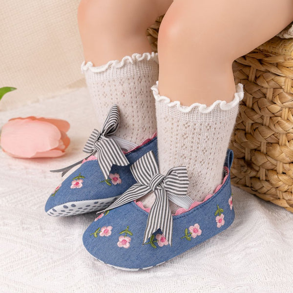 6 To 12 Months Newborn Baby Girls Belly Shoe Partywear Floral Anti-Slip Sandal Booties (Blue)-BT4537