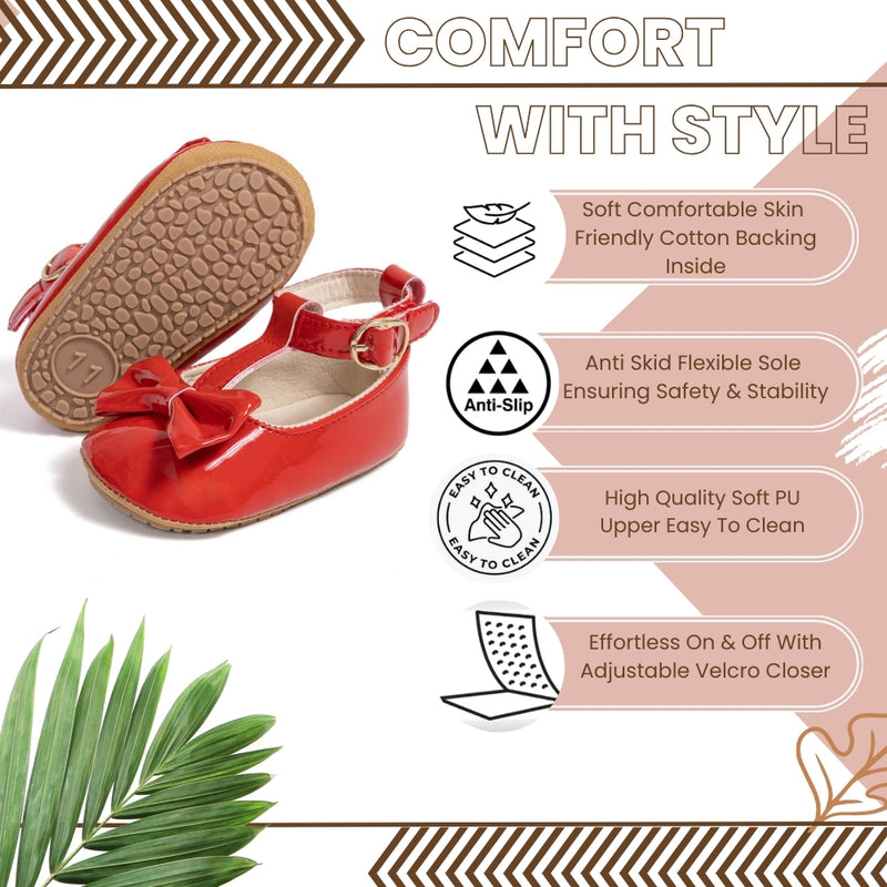 6 To 12 Months Newborn Baby Girls Belly Shoe Partywear Anti-Slip Sandal Booties (Red)-BT4538