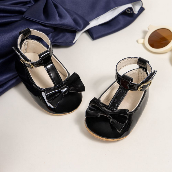 6 To 12 Months Newborn Baby Girls Belly Shoe Partywear Anti-Slip Sandal Booties (Black)-BT4539
