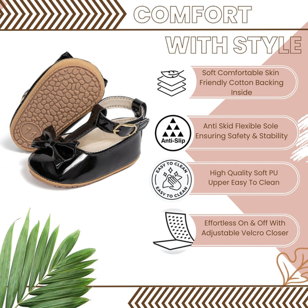 6 To 12 Months Newborn Baby Girls Belly Shoe Partywear Anti-Slip Sandal Booties (Black)-BT4539