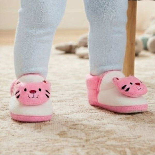 Baby Unisex Cotton Cat Face White,Pink Lace Booties-BT453