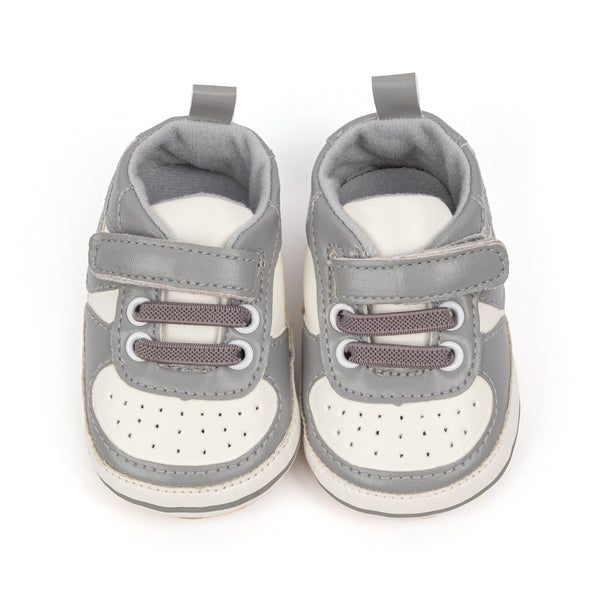6 to 12 Months Baby Boys Synthetic Leather Shoes,Infant Non Slip Sole Velcro Booties (White,Grey)-BT4545