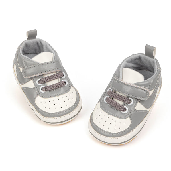 6 to 12 Months Baby Boys Synthetic Leather Shoes,Infant Non Slip Sole Velcro Booties (White,Grey)-BT4545