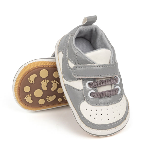 6 to 12 Months Baby Boys Synthetic Leather Shoes,Infant Non Slip Sole Velcro Booties (White,Grey)-BT4545