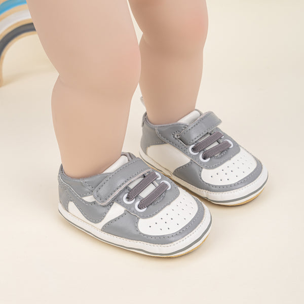 6 to 12 Months Baby Boys Synthetic Leather Shoes,Infant Non Slip Sole Velcro Booties (White,Grey)-BT4545
