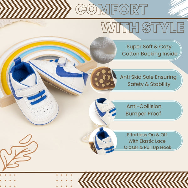 6 to 12 Months Baby Boys Synthetic Leather Shoes,Infant Non Slip Sole Velcro Booties (White,Blue)-BT4546