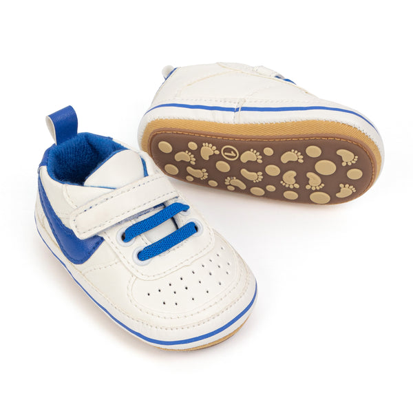 6 to 12 Months Baby Boys Synthetic Leather Shoes,Infant Non Slip Sole Velcro Booties (White,Blue)-BT4546