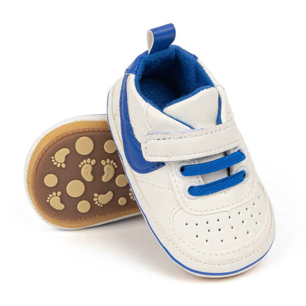 6 to 12 Months Baby Boys Synthetic Leather Shoes,Infant Non Slip Sole Velcro Booties (White,Blue)-BT4546