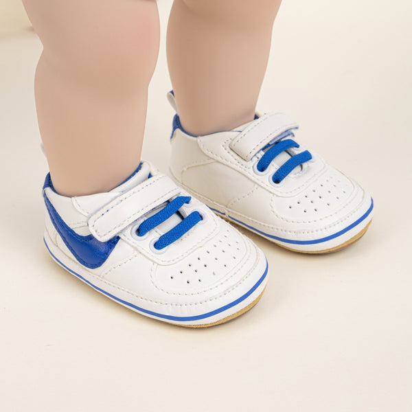 6 to 12 Months Baby Boys Synthetic Leather Shoes,Infant Non Slip Sole Velcro Booties (White,Blue)-BT4546