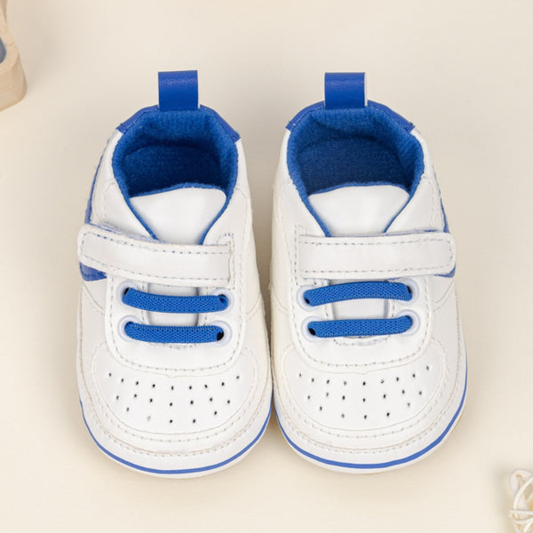 6 to 12 Months Baby Boys Synthetic Leather Shoes,Infant Non Slip Sole Velcro Booties (White,Blue)-BT4546