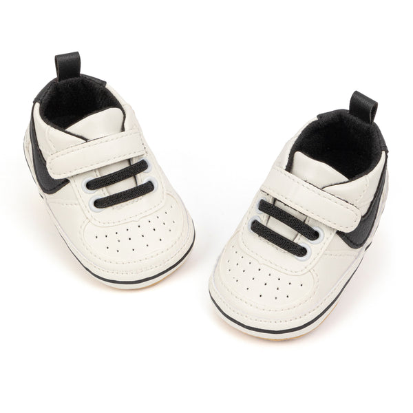 6 to 12 Months Baby Boys Synthetic Leather Shoes,Infant Non Slip Sole Velcro Booties (White,Black)-BT4547