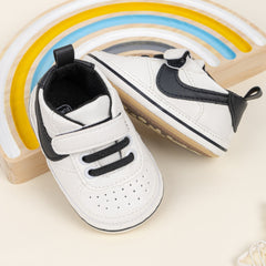 6 to 12 Months Baby Boys Synthetic Leather Shoes,Infant Non Slip Sole Velcro Booties (White,Black)-BT4547