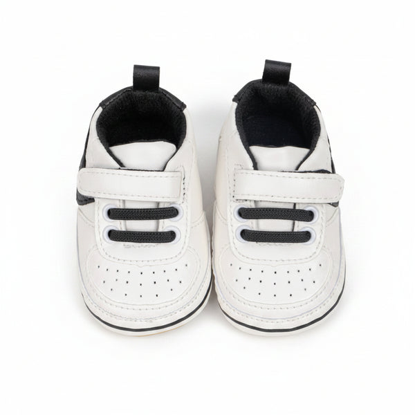6 to 12 Months Baby Boys Synthetic Leather Shoes,Infant Non Slip Sole Velcro Booties (White,Black)-BT4547