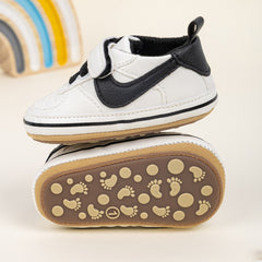 6 to 12 Months Baby Boys Synthetic Leather Shoes,Infant Non Slip Sole Velcro Booties (White,Black)-BT4547