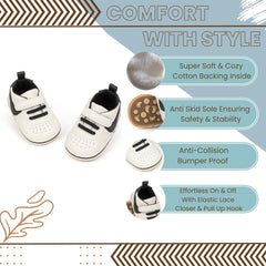 6 to 12 Months Baby Boys Synthetic Leather Shoes,Infant Non Slip Sole Velcro Booties (White,Black)-BT4547