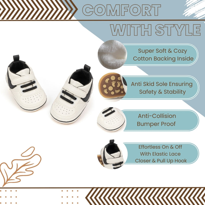 6 to 12 Months Baby Boys Synthetic Leather Shoes,Infant Non Slip Sole Velcro Booties (White,Black)-BT4547