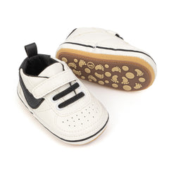 6 to 12 Months Baby Boys Synthetic Leather Shoes,Infant Non Slip Sole Velcro Booties (White,Black)-BT4547
