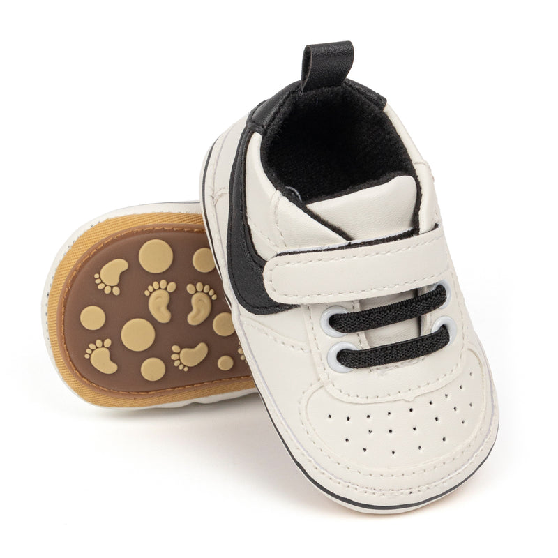 6 to 12 Months Baby Boys Synthetic Leather Shoes,Infant Non Slip Sole Velcro Booties (White,Black)-BT4547