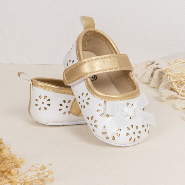 6 To 12 Months Newborn Baby Girls Belly Shoe Partywear Anti-Slip Sandal Booties (White)-BT4548