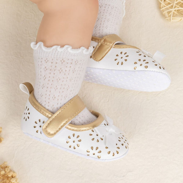 6 To 12 Months Newborn Baby Girls Belly Shoe Partywear Anti-Slip Sandal Booties (White)-BT4548