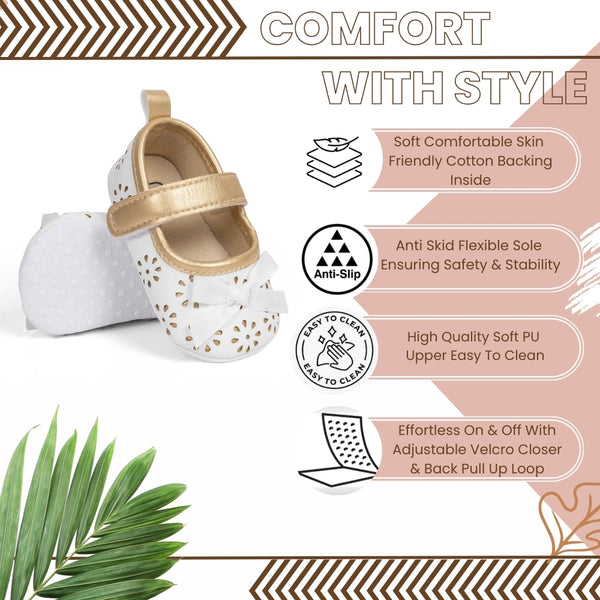 6 To 12 Months Newborn Baby Girls Belly Shoe Partywear Anti-Slip Sandal Booties (White)-BT4548