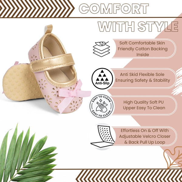 6 To 12 Months Newborn Baby Girls Belly Shoe Partywear Anti-Slip Sandal Booties (Pink)-BT4549
