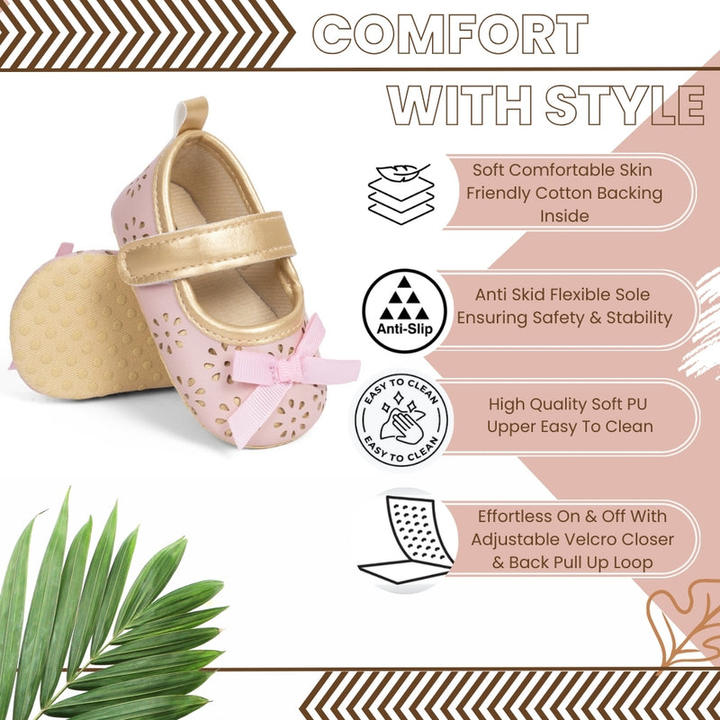 6 To 12 Months Newborn Baby Girls Belly Shoe Partywear Anti-Slip Sandal Booties (Pink)-BT4549