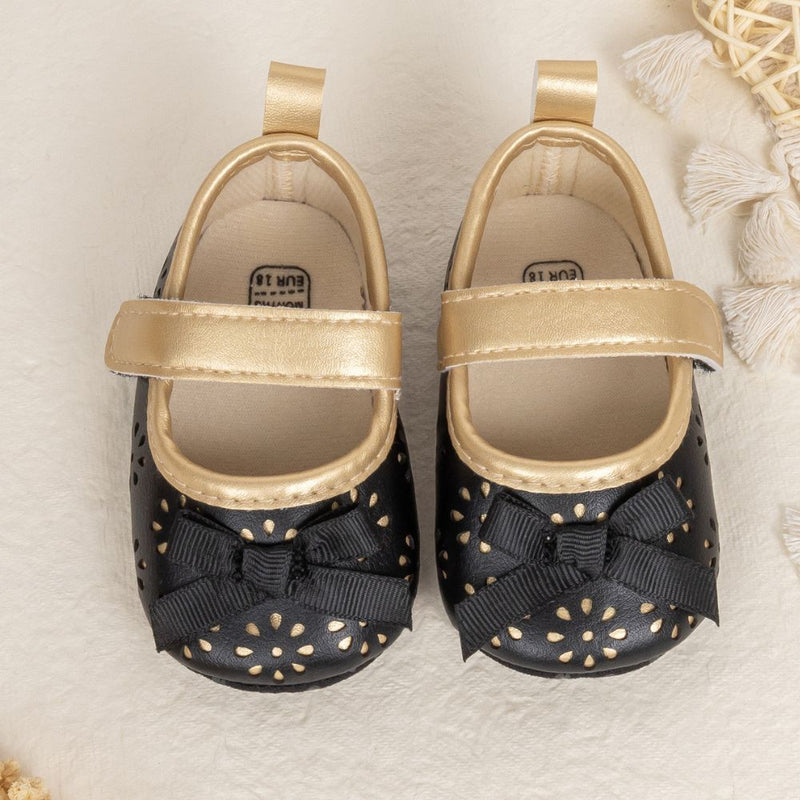 6 To 12 Months Newborn Baby Girls Belly Shoe Partywear Anti-Slip Sandal Booties (Black)-BT4550