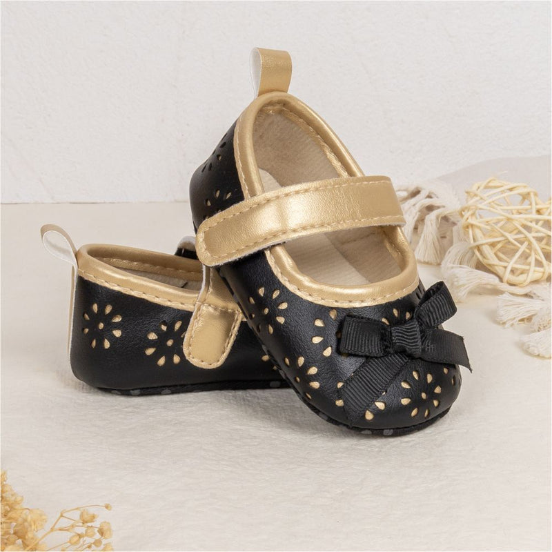 6 To 12 Months Newborn Baby Girls Belly Shoe Partywear Anti-Slip Sandal Booties (Black)-BT4550