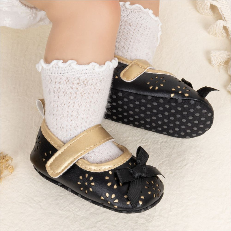 6 To 12 Months Newborn Baby Girls Belly Shoe Partywear Anti-Slip Sandal Booties (Black)-BT4550