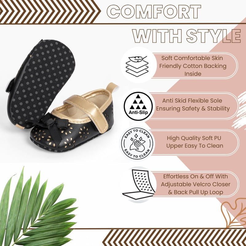 6 To 12 Months Newborn Baby Girls Belly Shoe Partywear Anti-Slip Sandal Booties (Black)-BT4550