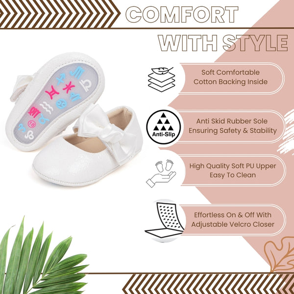 6 To 12 Months Newborn Baby Girls Belly Shoe Partywear Anti-Slip Sandal Booties (White)-BT4551