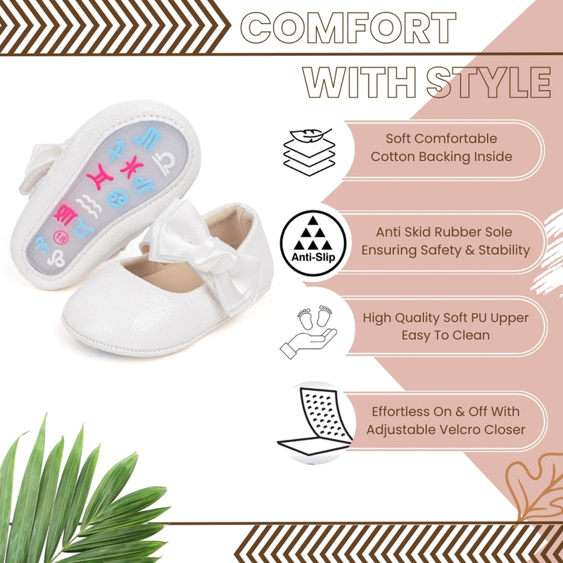6 To 12 Months Newborn Baby Girls Belly Shoe Partywear Anti-Slip Sandal Booties (White)-BT4551