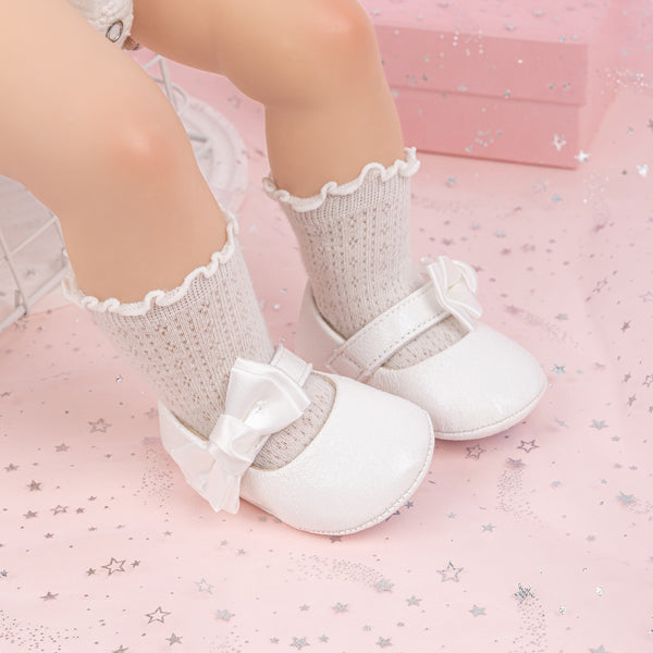 6 To 12 Months Newborn Baby Girls Belly Shoe Partywear Anti-Slip Sandal Booties (White)-BT4551