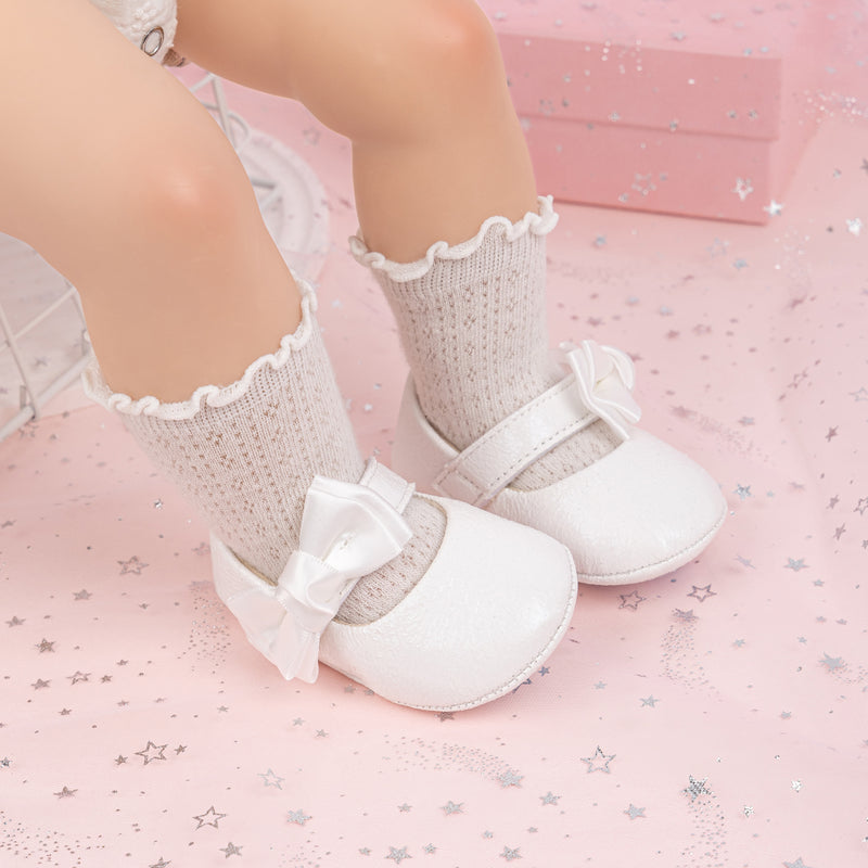 6 To 12 Months Newborn Baby Girls Belly Shoe Partywear Anti-Slip Sandal Booties (White)-BT4551