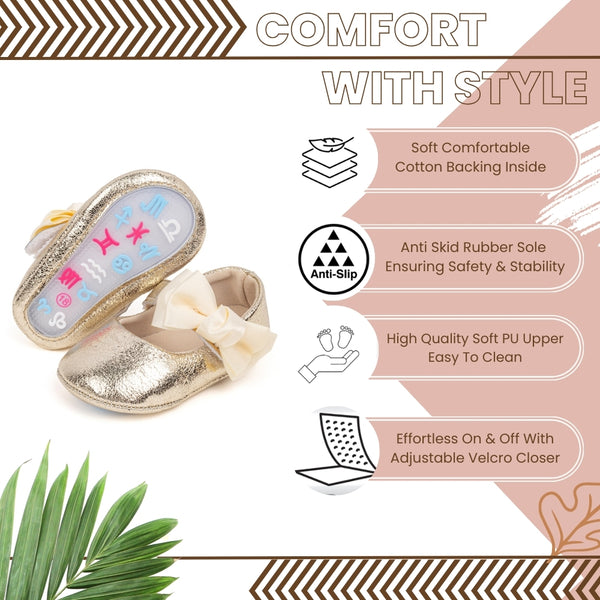 6 To 12 Months Newborn Baby Girls Belly Shoe Partywear Anti-Slip Sandal Booties (Gold)-BT4553