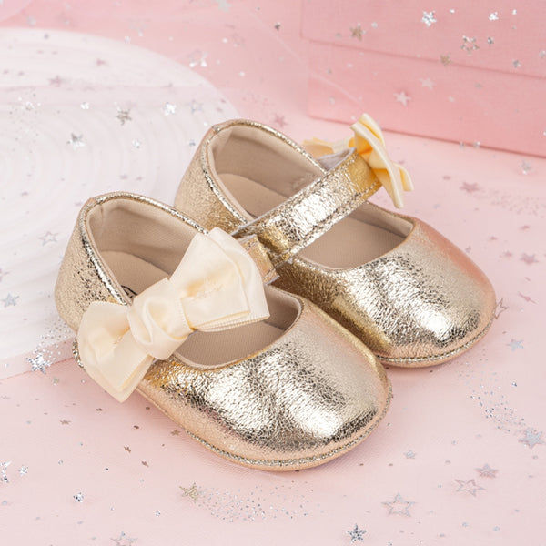 6 To 12 Months Newborn Baby Girls Belly Shoe Partywear Anti-Slip Sandal Booties (Gold)-BT4553