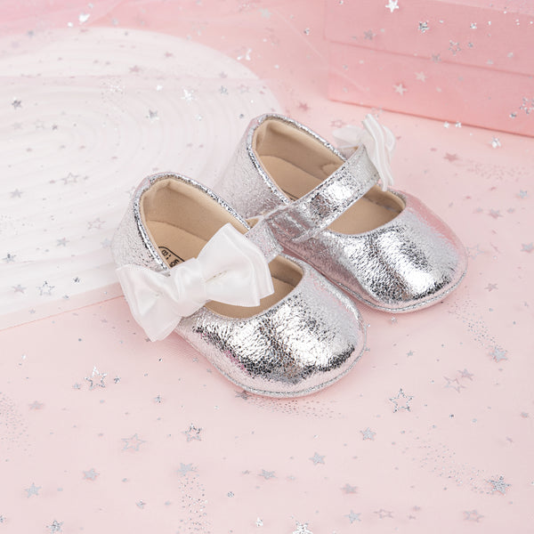 6 To 12 Months Newborn Baby Girls Belly Shoe Partywear Anti-Slip Sandal Booties (Silver)-BT4554