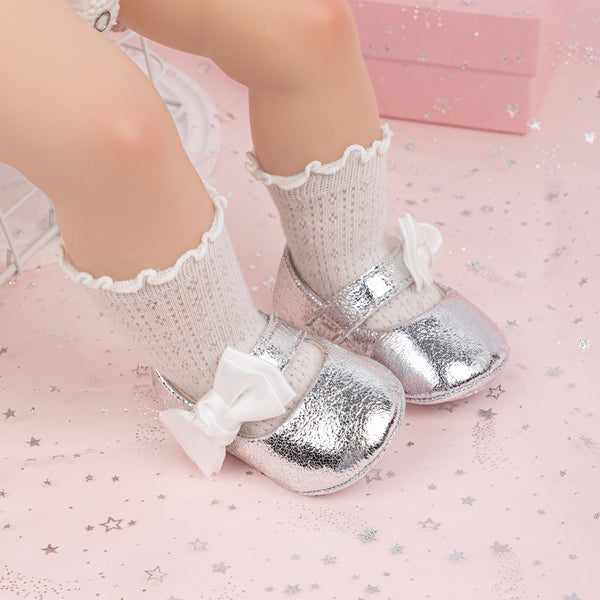 6 To 12 Months Newborn Baby Girls Belly Shoe Partywear Anti-Slip Sandal Booties (Silver)-BT4554