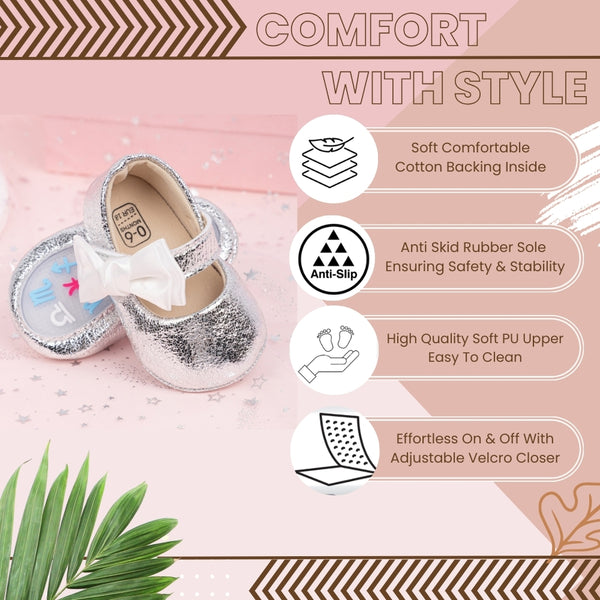 6 To 12 Months Newborn Baby Girls Belly Shoe Anti-Slip Sandal Booties (Silver)-BT4554