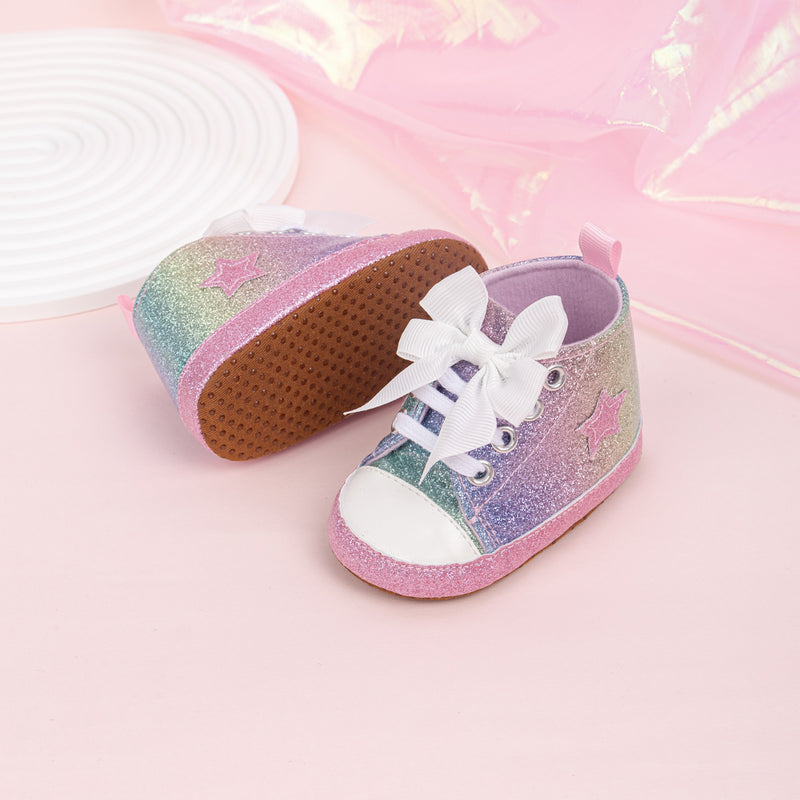 6 to 12 Months Baby Boys & Girls Canvas Shoes,Infant Non Slip Sole Lace Closure Booties (Pink,White)-BT4560