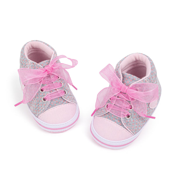 6 to 12 Months Baby Boys & Girls Canvas Shoes,Infant Non Slip Sole Lace Closure Booties (Grey,Pink)-BT4561