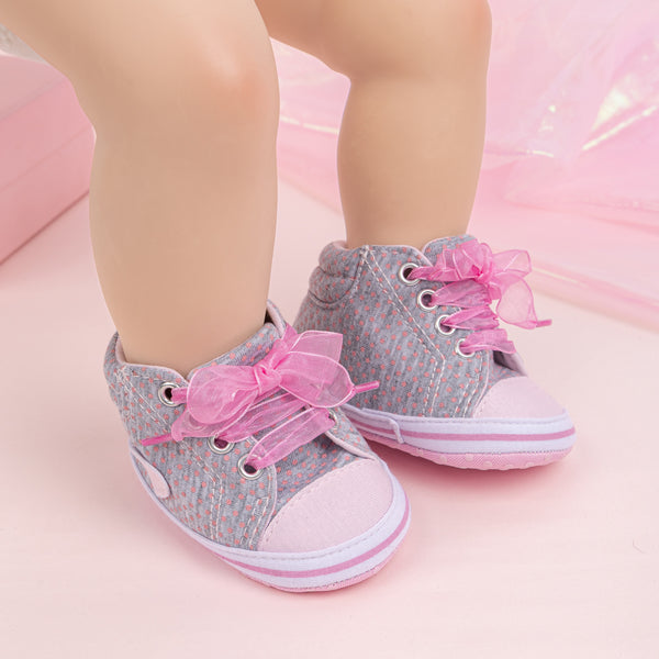 6 to 12 Months Baby Boys & Girls Canvas Shoes,Infant Non Slip Sole Lace Closure Booties (Grey,Pink)-BT4561