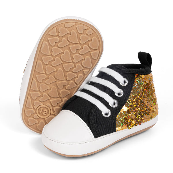 6 to 12 Months Baby Boys & Girls Synthetic Leather Shoes,Infant Non Slip Lace Booties (Black,Gold)-BT4562