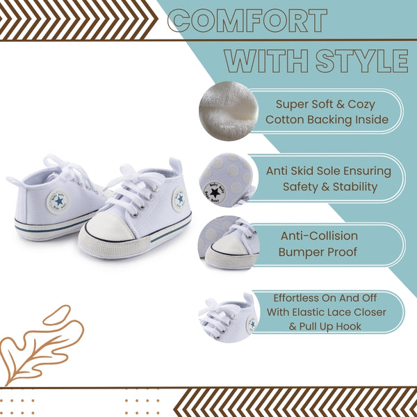 6 to 12 Months Baby Boys & Girls Canvas Shoes,Infant Non Slip Sole Lace Closure Booties (White)-BT4564