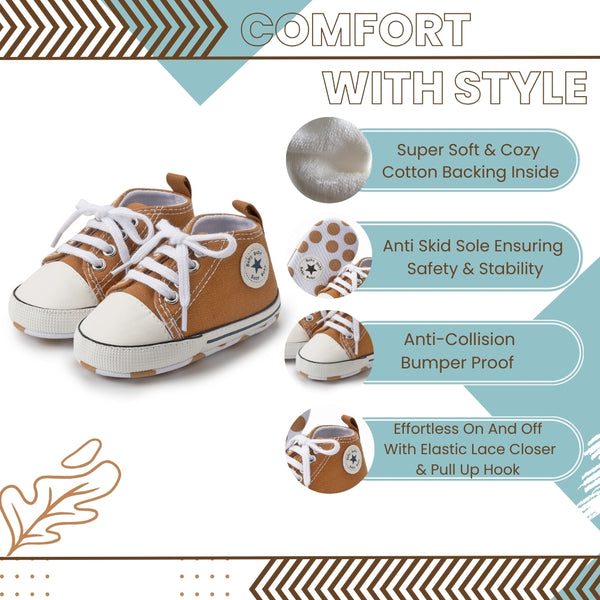 6 to 12 Months Baby Boys & Girls Canvas Shoes,Infant Non Slip Sole Lace Closure Booties (Brown)-BT4565