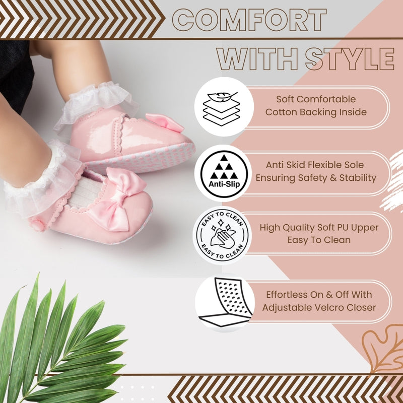 6 To 12 Months Newborn Baby Girls Belly Shoe Partywear Anti-Slip Sandal Booties (Light Pink)-BT4569