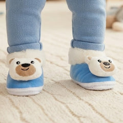 Baby Unisex Cotton and Fur Teddy Face White,Blue Lace Booties-BT457