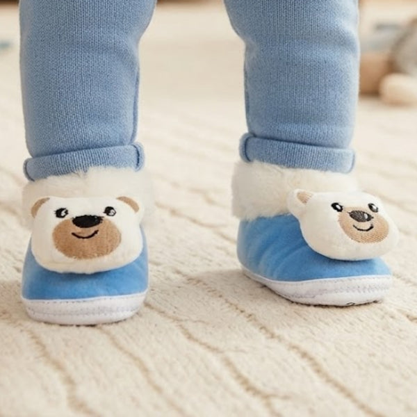 Baby Unisex Cotton and Fur Teddy Face White,Blue Lace Booties-BT457