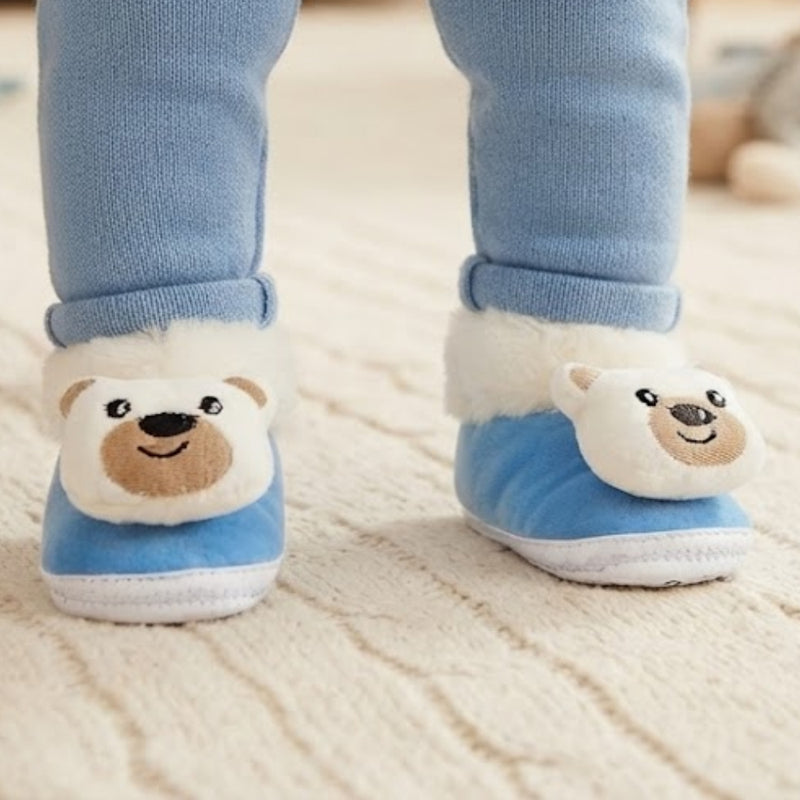Baby Unisex Cotton and Fur Teddy Face White,Blue Lace Booties-BT457